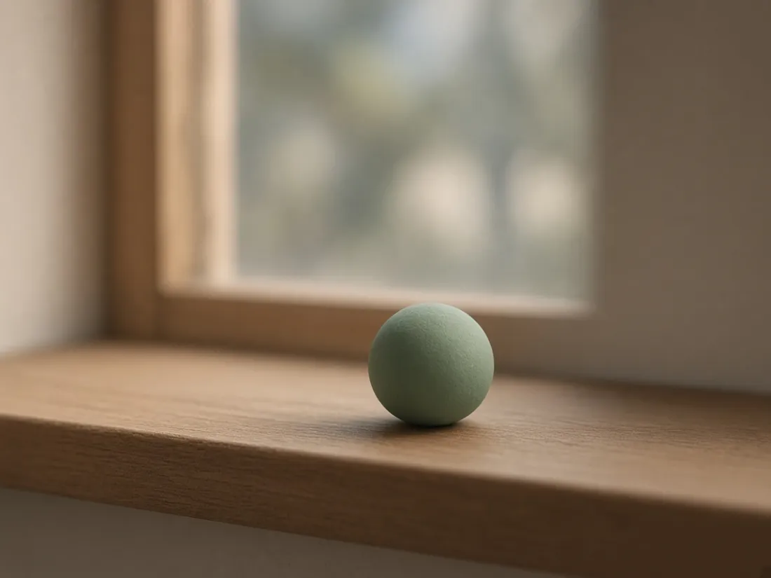 A single matte green ball on a wooden windowsill