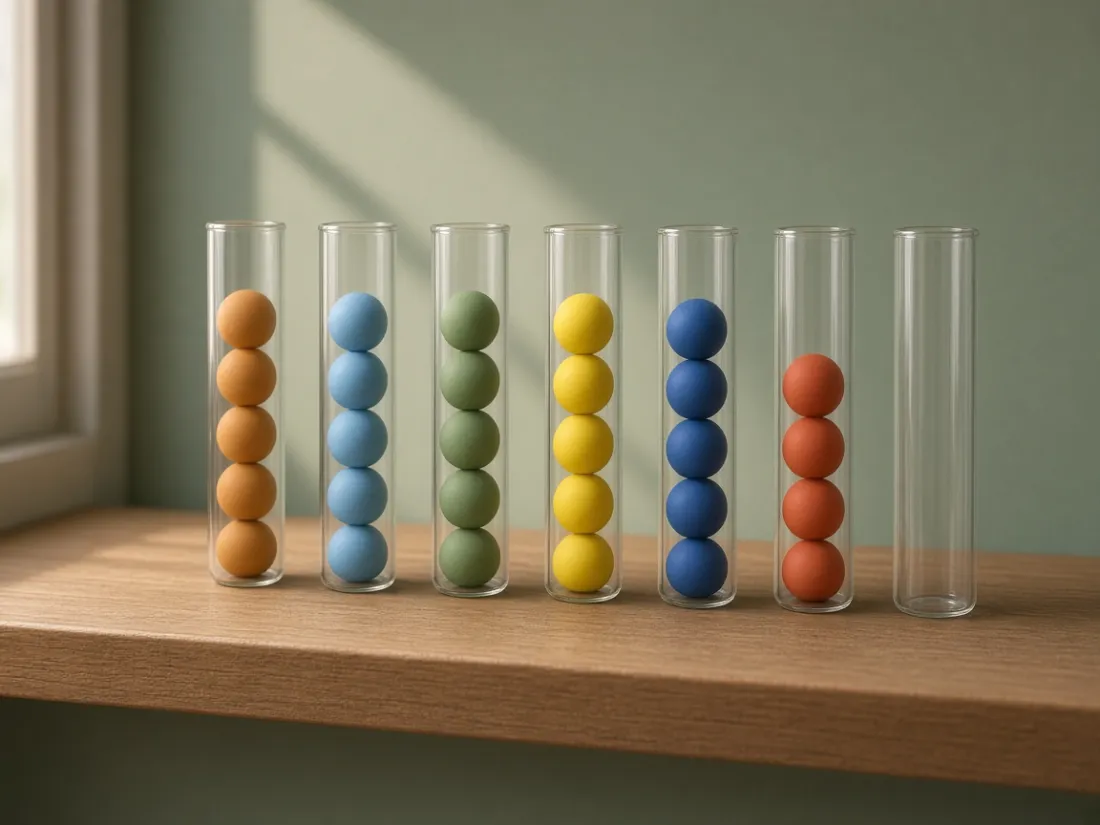 Six glass tubes of matte balls on a windowsill shelf; the last tube before the empty seventh is one ball short